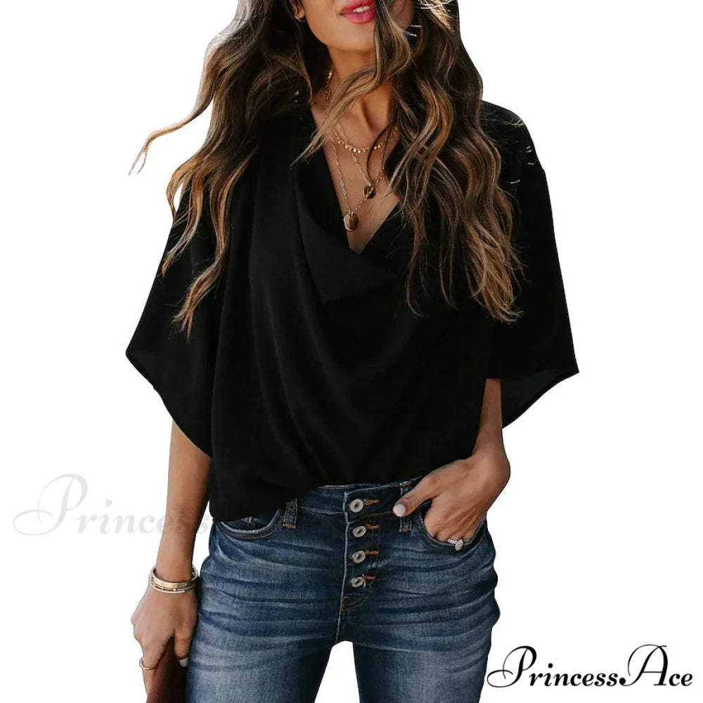 V Basic Neck Plain Blouse Women’s - Top Black / S