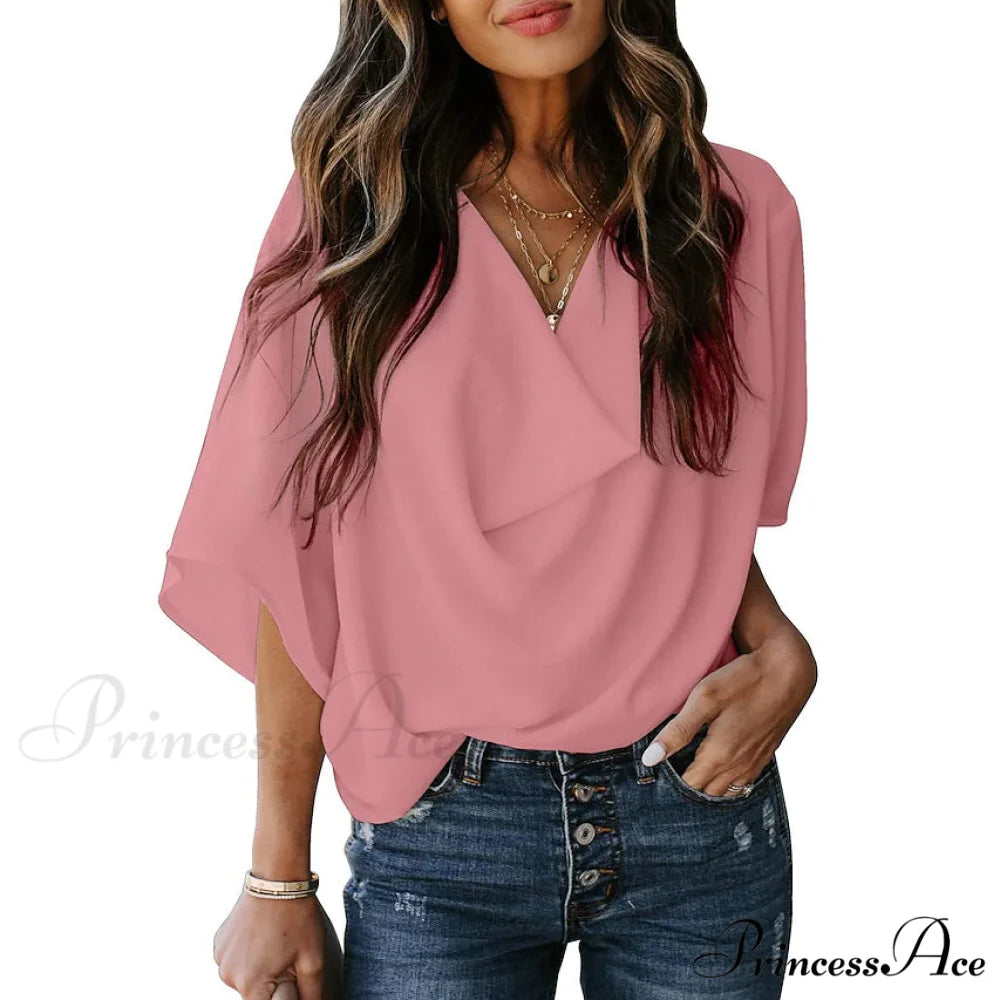V Basic Neck Plain Blouse Women’s - Top Pink / S