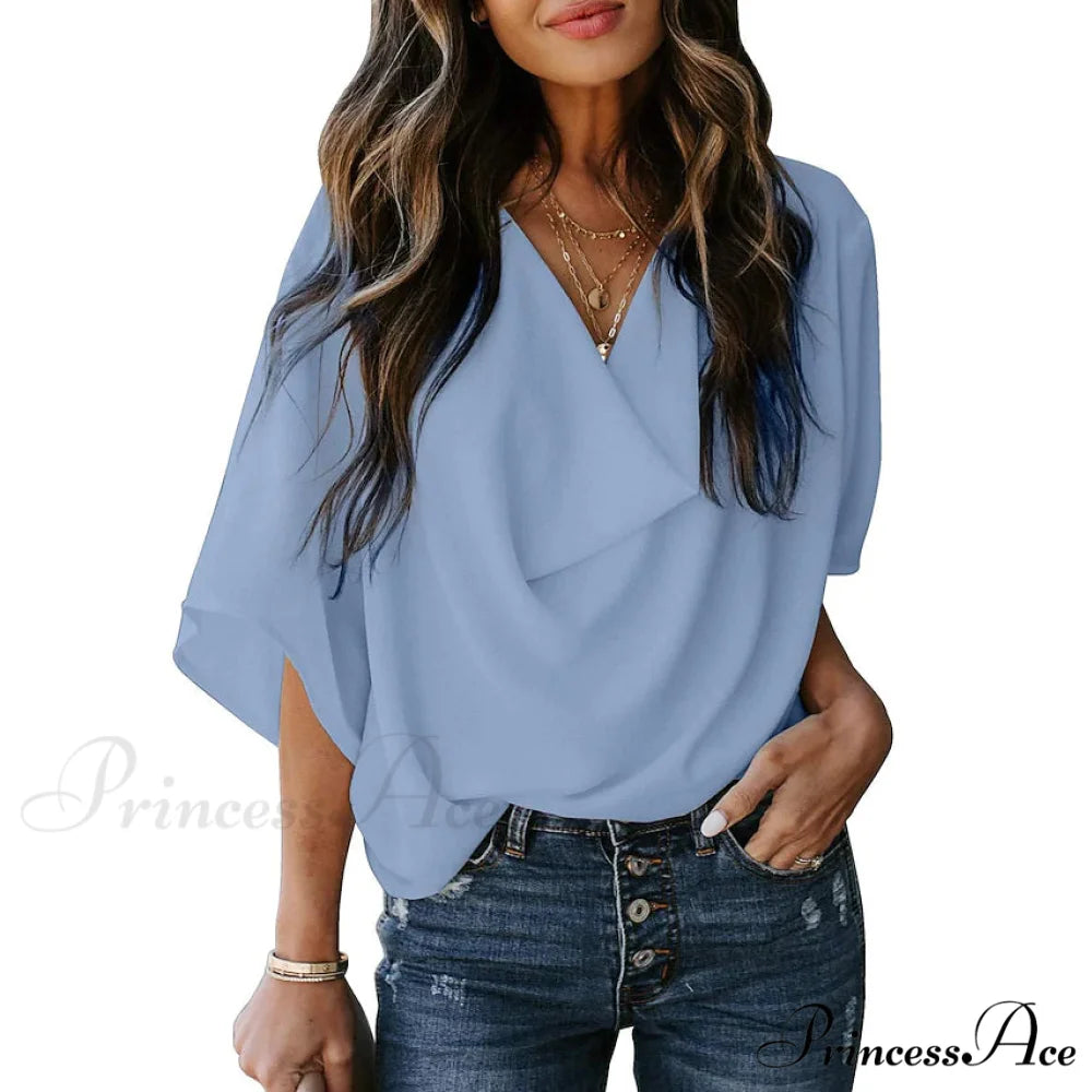 V Basic Neck Plain Blouse Women’s - Top Sky Blue / S