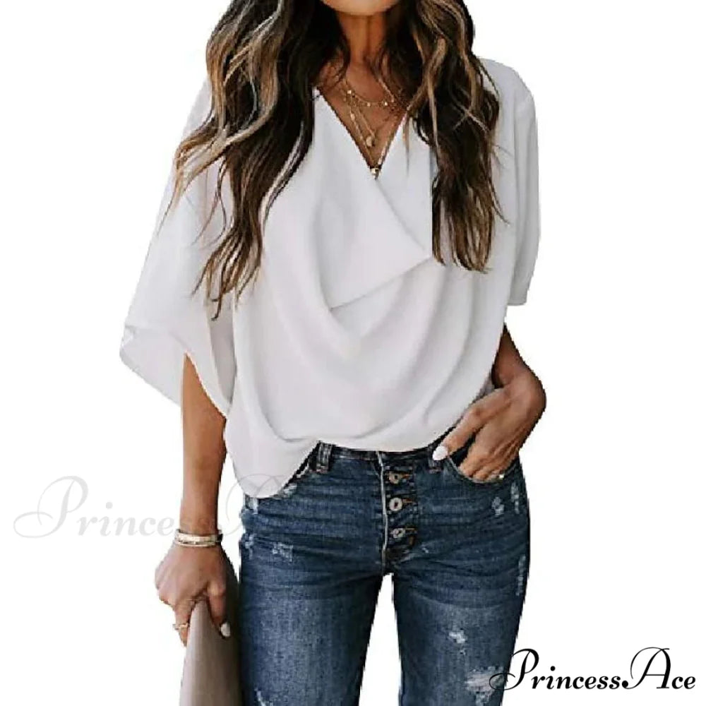 V Basic Neck Plain Blouse Women’s - Top White / S