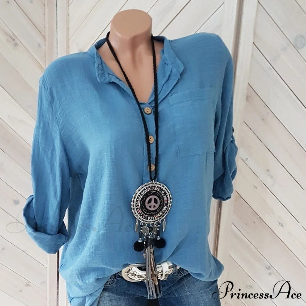 V Blouse Size - Cotton Autumn Oversized Neck Blouse Linen - Long Casual Plus Arm Women’s S-5XL Blue / S