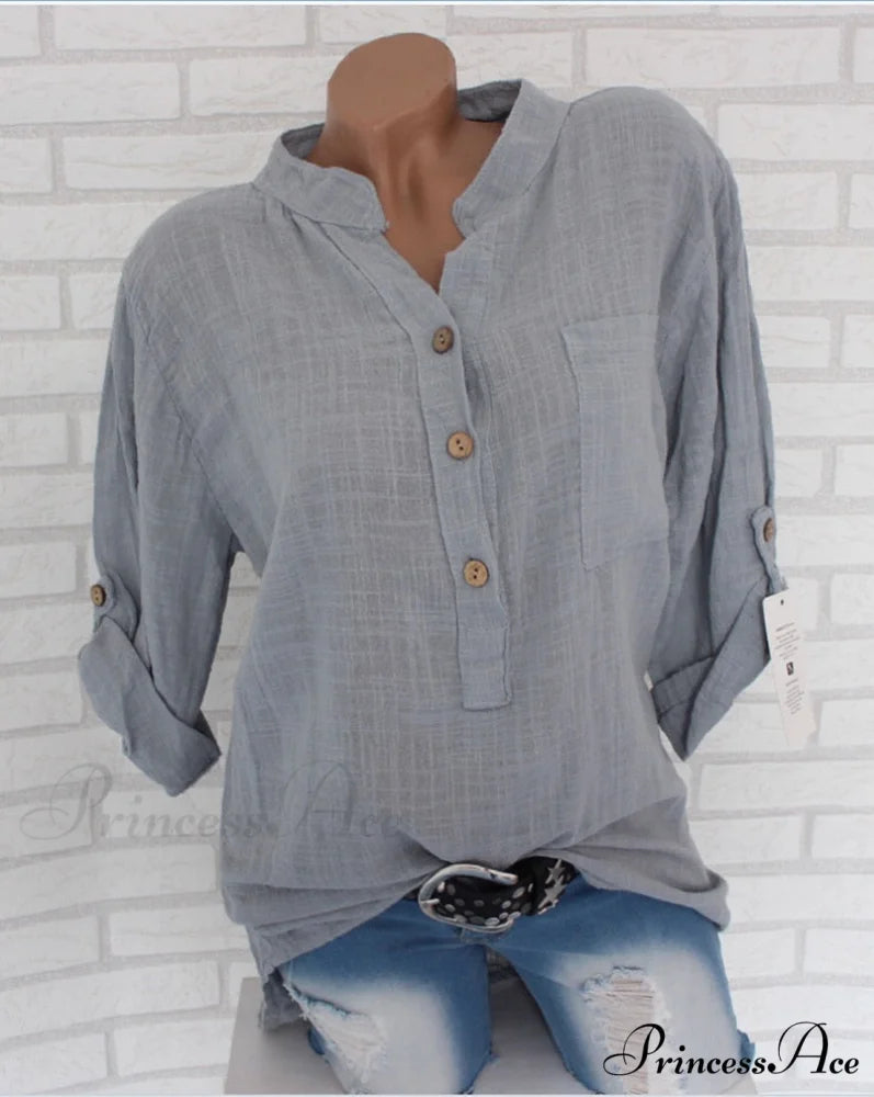 V Blouse Size - Cotton Autumn Oversized Neck Blouse Linen - Long Casual Plus Arm Women’s S-5XL Gray / S