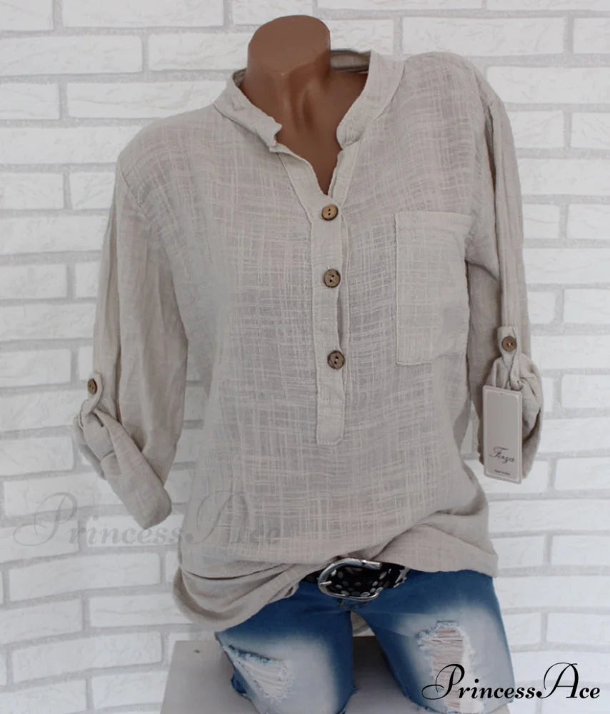 V Blouse Size - Cotton Autumn Oversized Neck Blouse Linen - Long Casual Plus Arm Women’s S-5XL light apricot / S