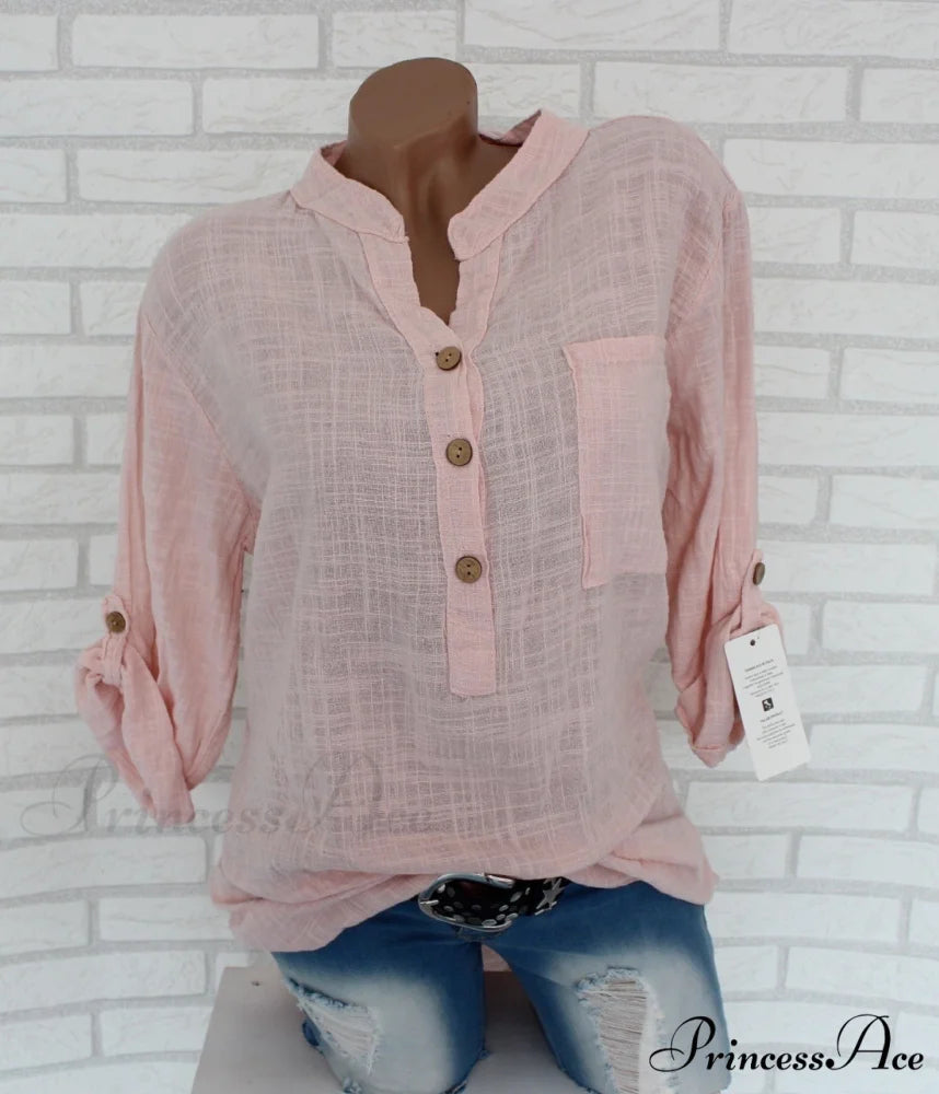V Blouse Size - Cotton Autumn Oversized Neck Blouse Linen - Long Casual Plus Arm Women’s S-5XL Pink / S