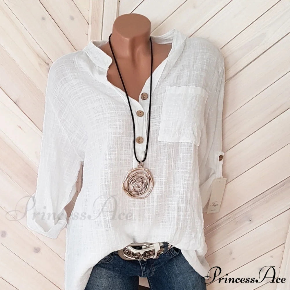 V Blouse Size - Cotton Autumn Oversized Neck Blouse Linen - Long Casual Plus Arm Women’s S-5XL white / S
