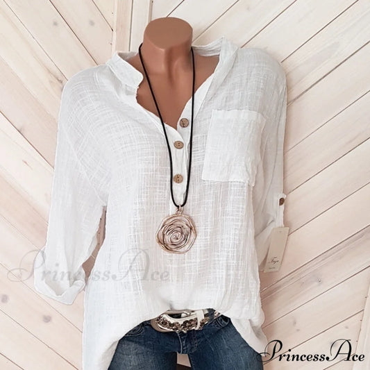 V Blouse Size - Cotton Autumn Oversized Neck Blouse Linen - Long Casual Plus Arm Women’s S-5XL white / S