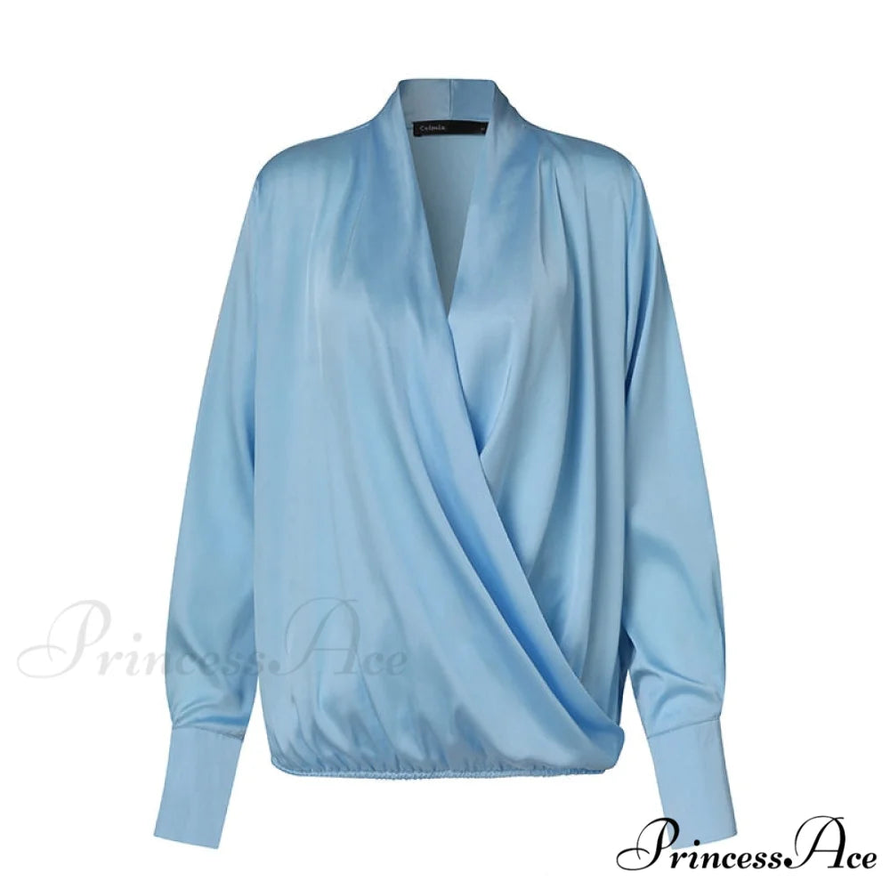 V Blusa Blouse Long 2024 Elegant Casual Solid Arm Blouse Deep Tunic Top Satin Wrap Neck Fashion Feminina