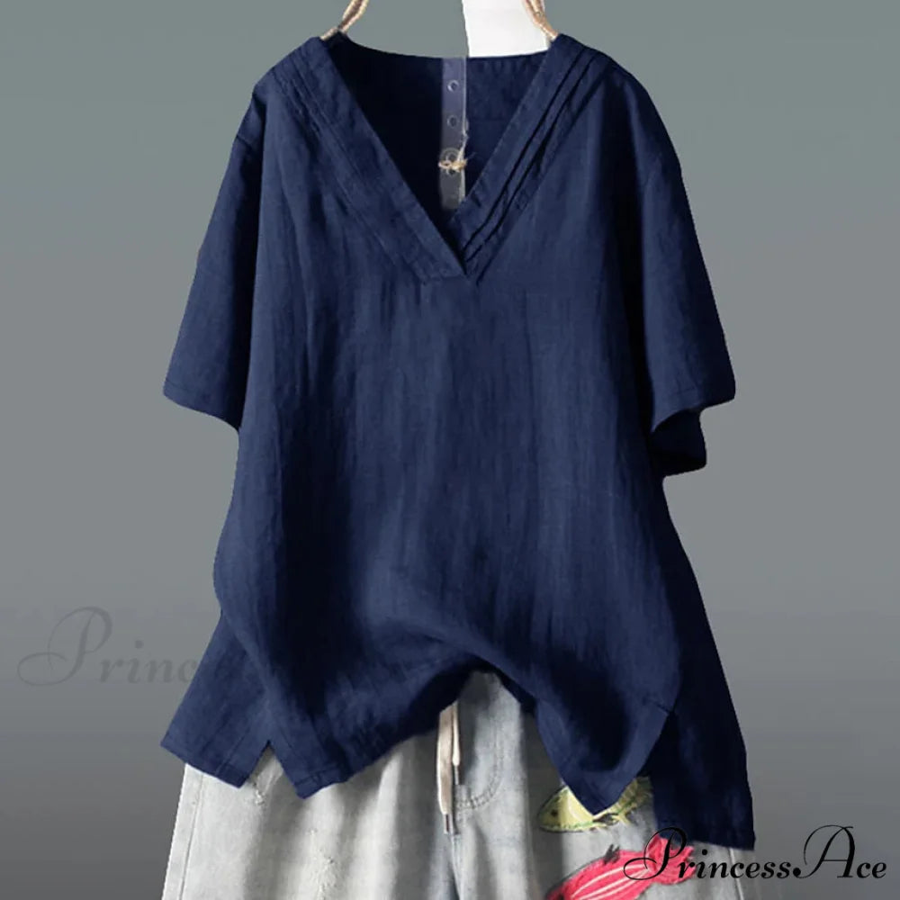 V Half Neck Arm for Blouse Solid Top Women Blue / L