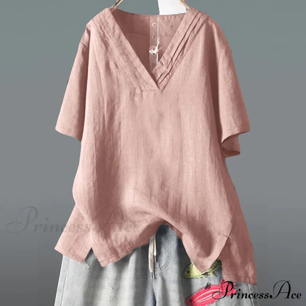 V Half Neck Arm for Blouse Solid Top Women Pink / L