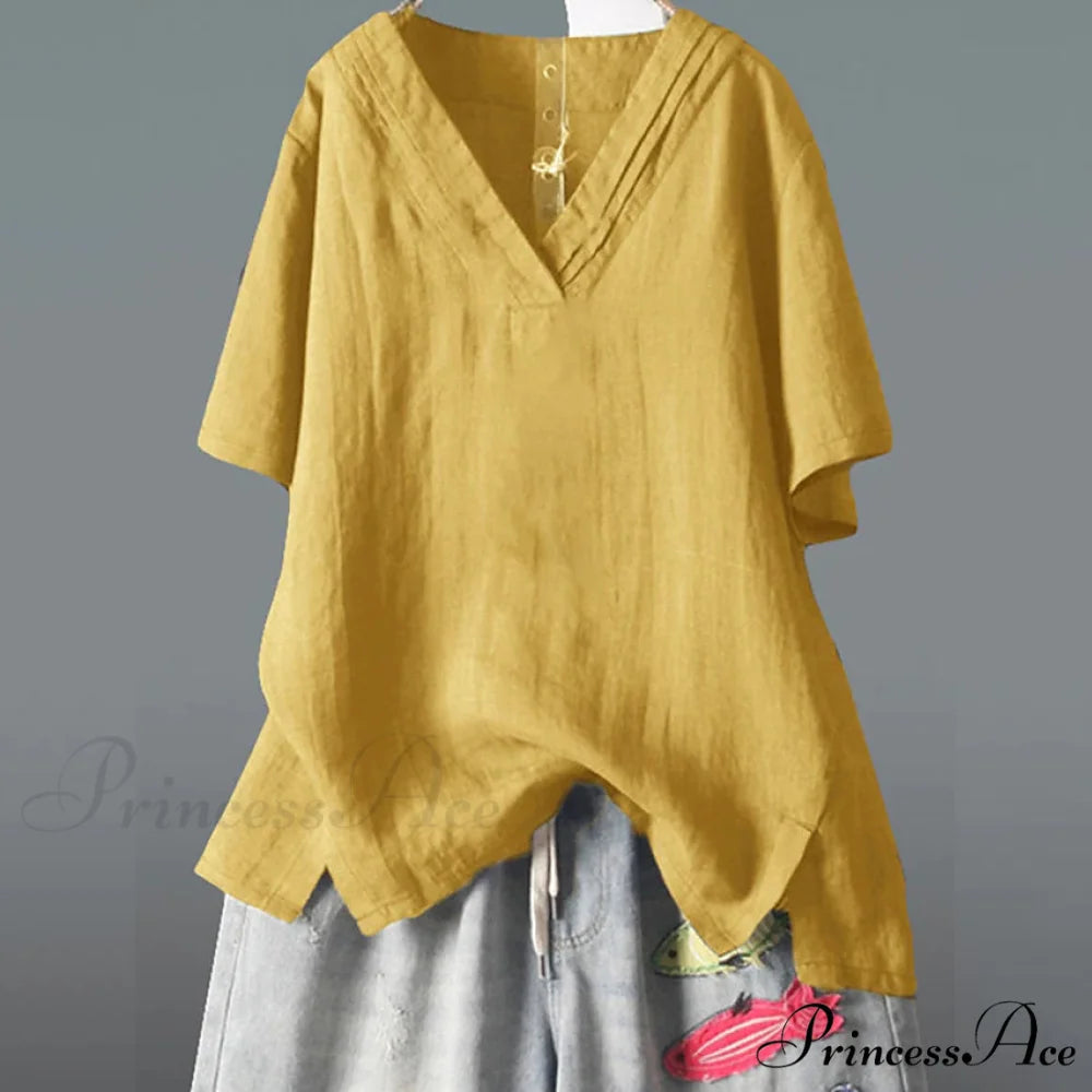 V Half Neck Arm for Blouse Solid Top Women Yellow / L