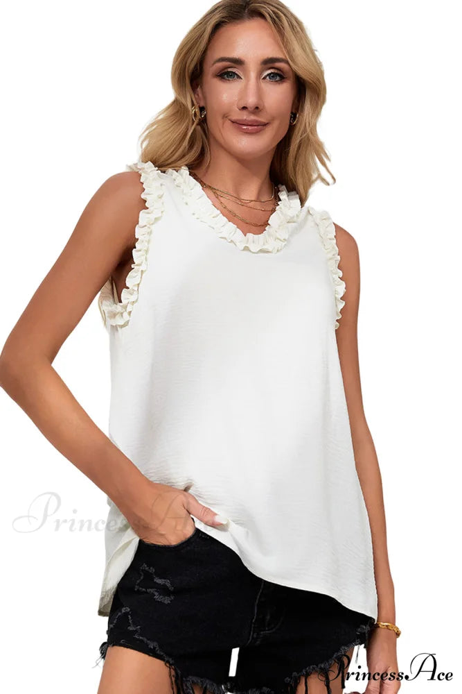V in Trim Tank Neck Frilled Top Beige