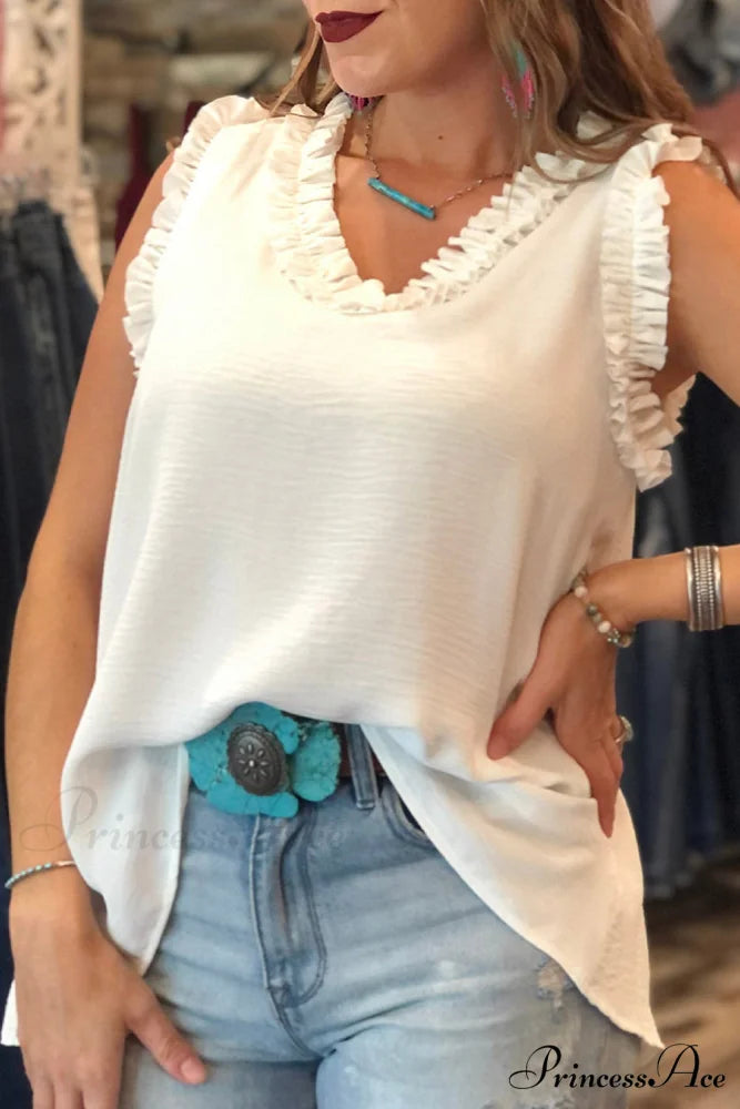 V in Trim Tank Neck Frilled Top Beige