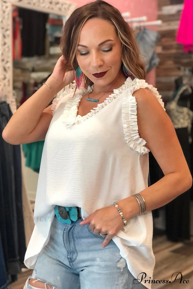 V in Trim Tank Neck Frilled Top Beige
