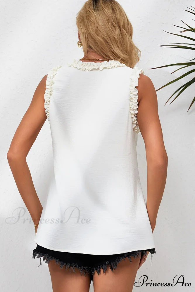 V in Trim Tank Neck Frilled Top Beige