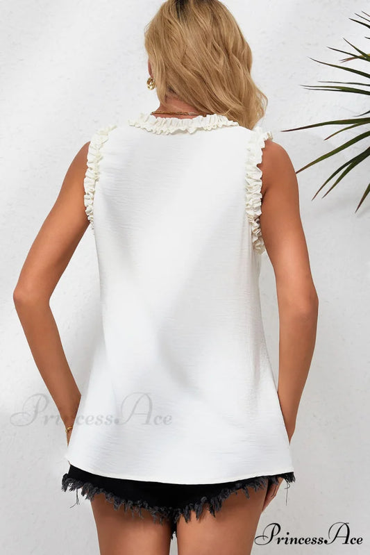 V in Trim Tank Neck Frilled Top Beige