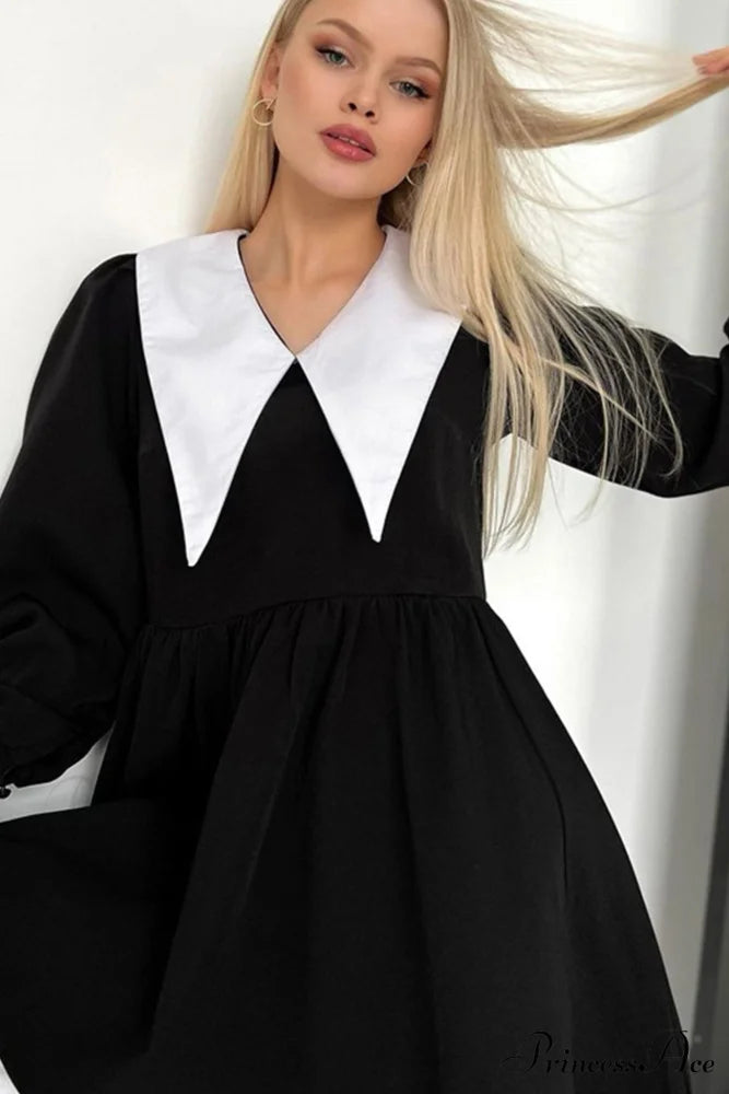 V Neck Babydoll Dress in Solid Color Black / L