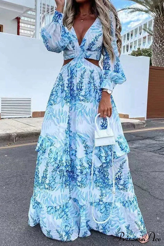 V-Neck Bachelorette Floral Print Maxi Dress with Long Sleeves S / Blue