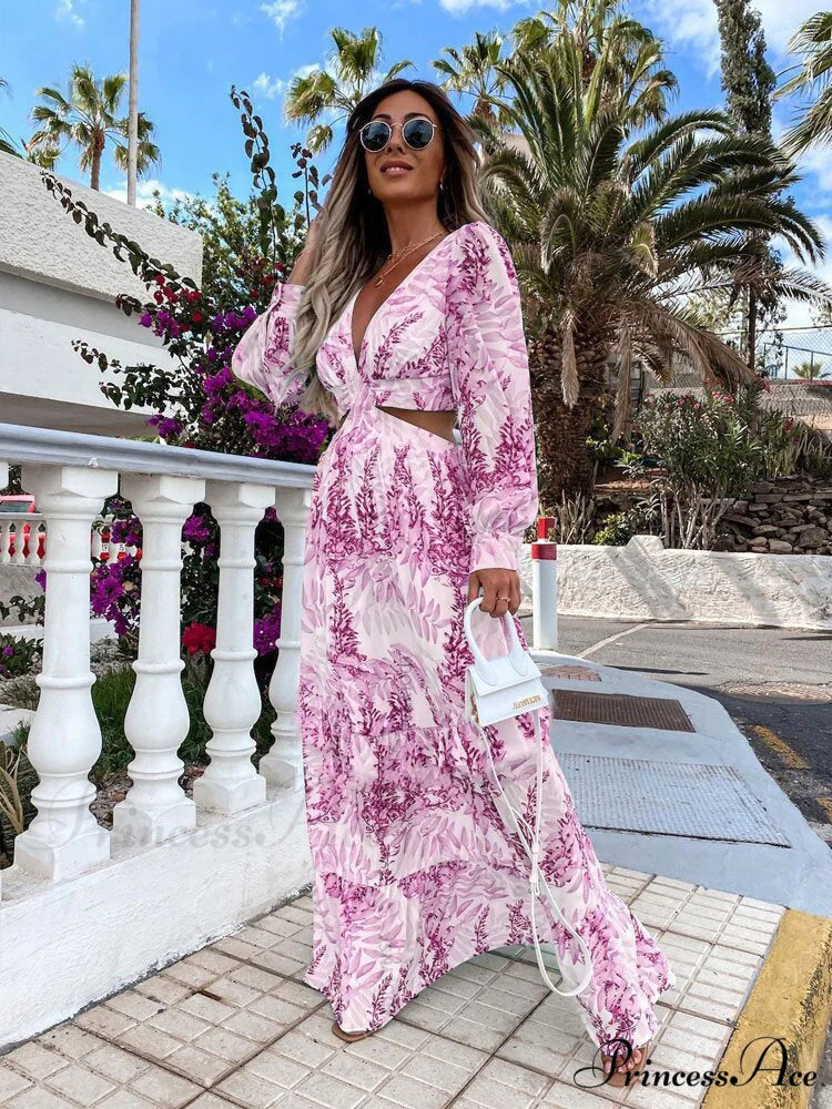 V-Neck Bachelorette Floral Print Maxi Dress with Long Sleeves S / Purple
