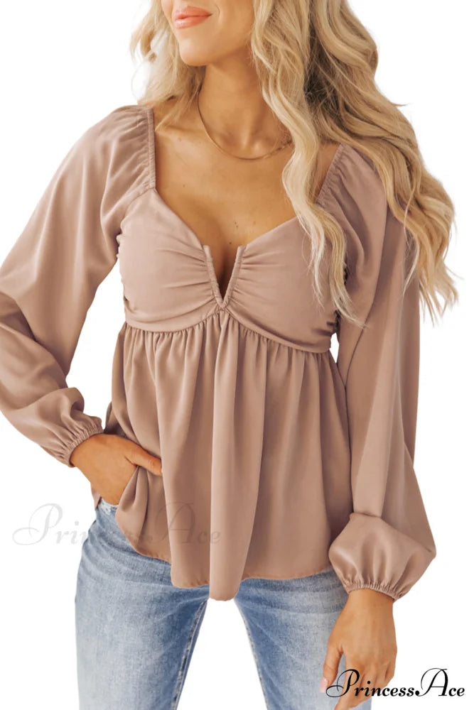 V-Neck Back Smocked Peplum Blouse in Orange