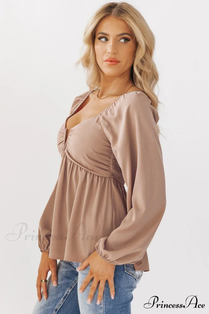 V-Neck Back Smocked Peplum Blouse in Orange