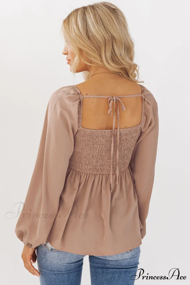 V-Neck Back Smocked Peplum Blouse in Orange