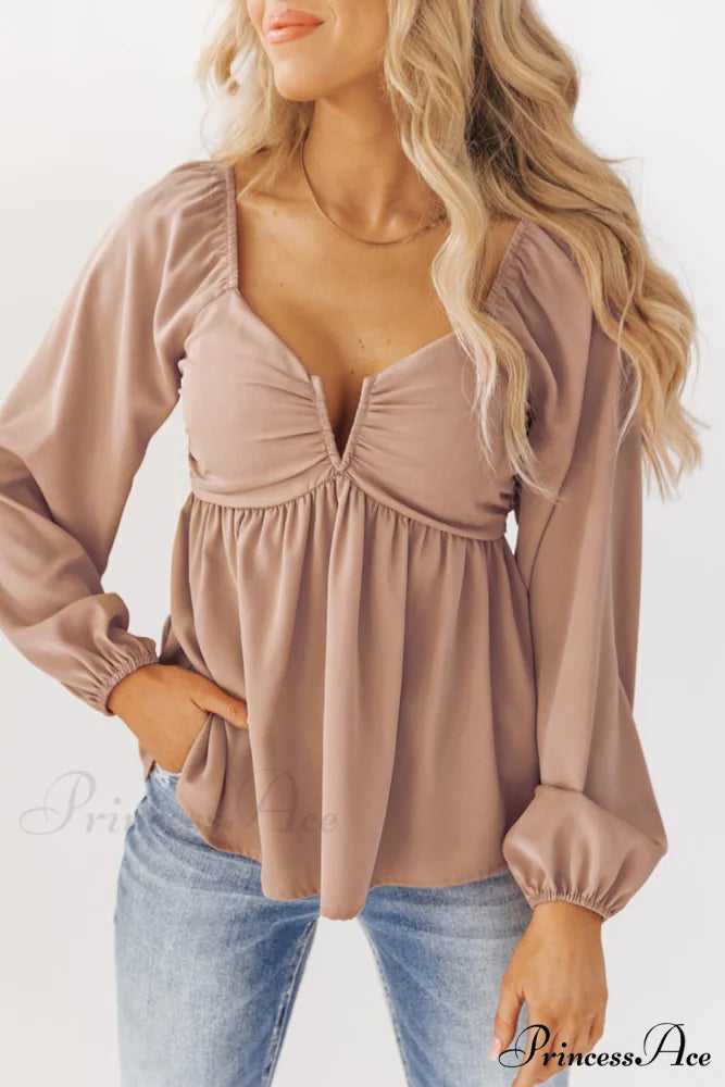 V-Neck Back Smocked Peplum Blouse in Orange