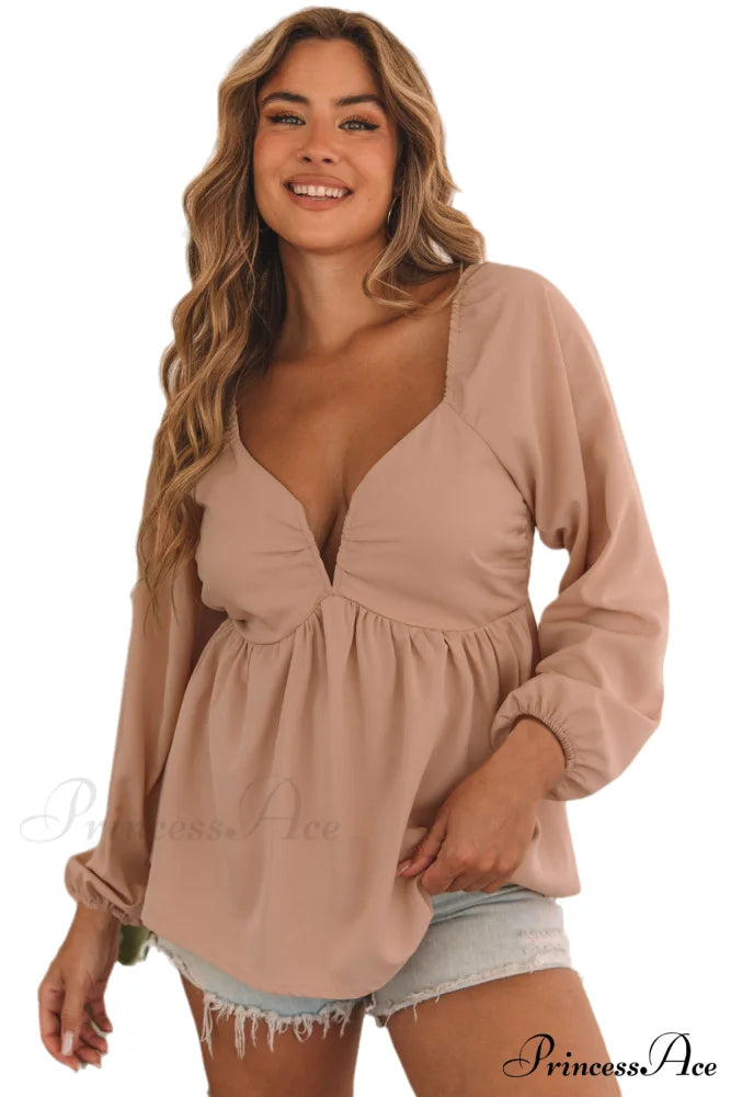 V-Neck Back Smocked Peplum Blouse in Orange