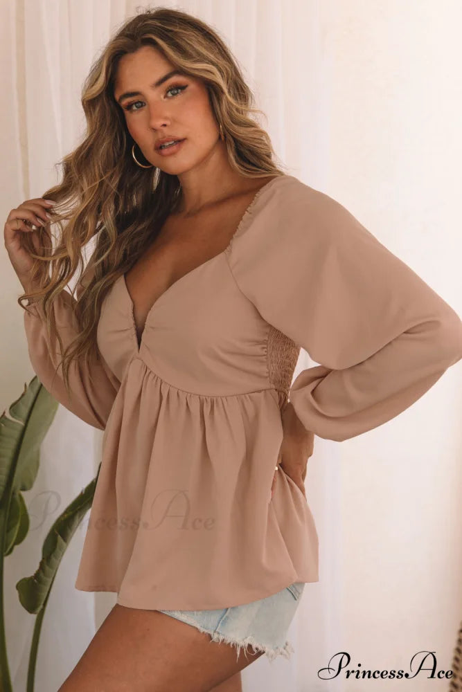 V-Neck Back Smocked Peplum Blouse in Orange