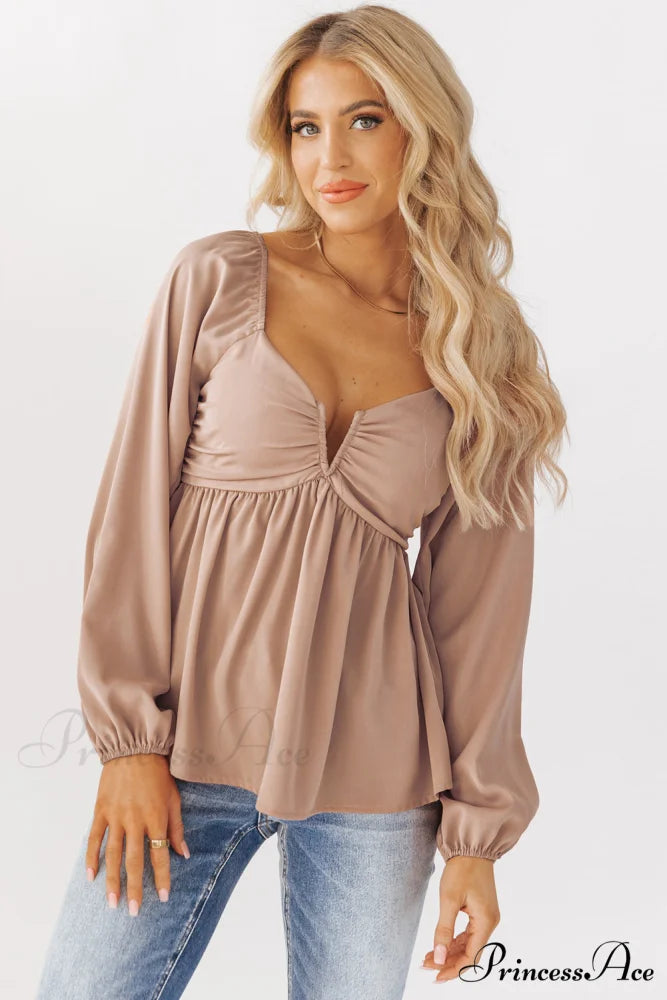 V-Neck Back Smocked Peplum Blouse in Orange