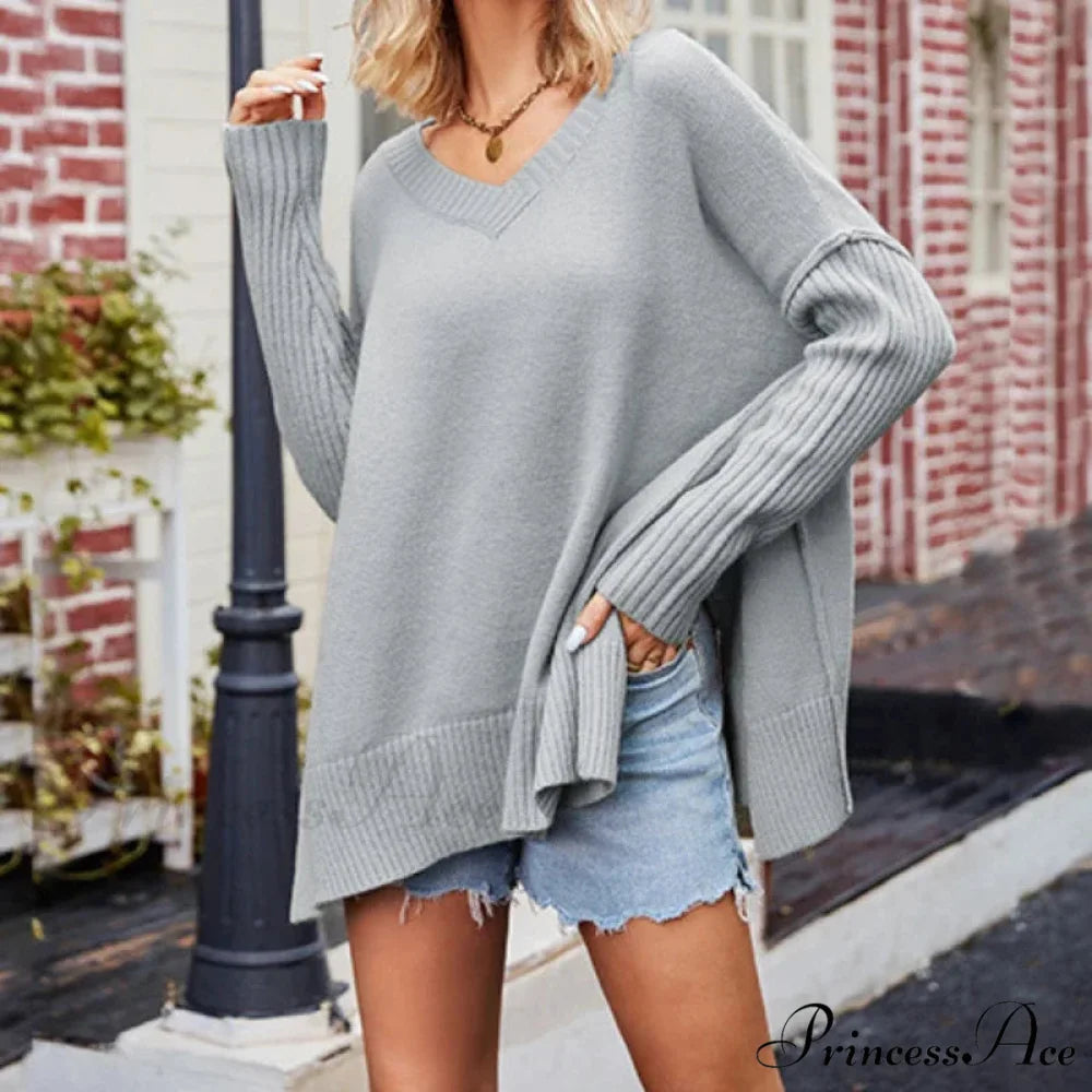 V - Neck Baggy Sweet Sweater gery / S swraters-241228
