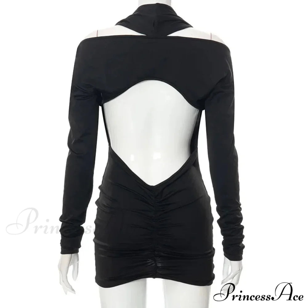 V Neck Black Backless Long Sleeve Mini Dress