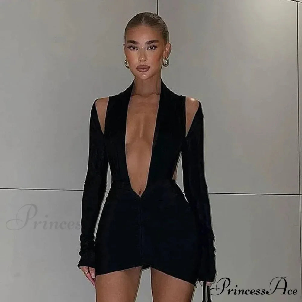 V Neck Black Backless Long Sleeve Mini Dress Black / S