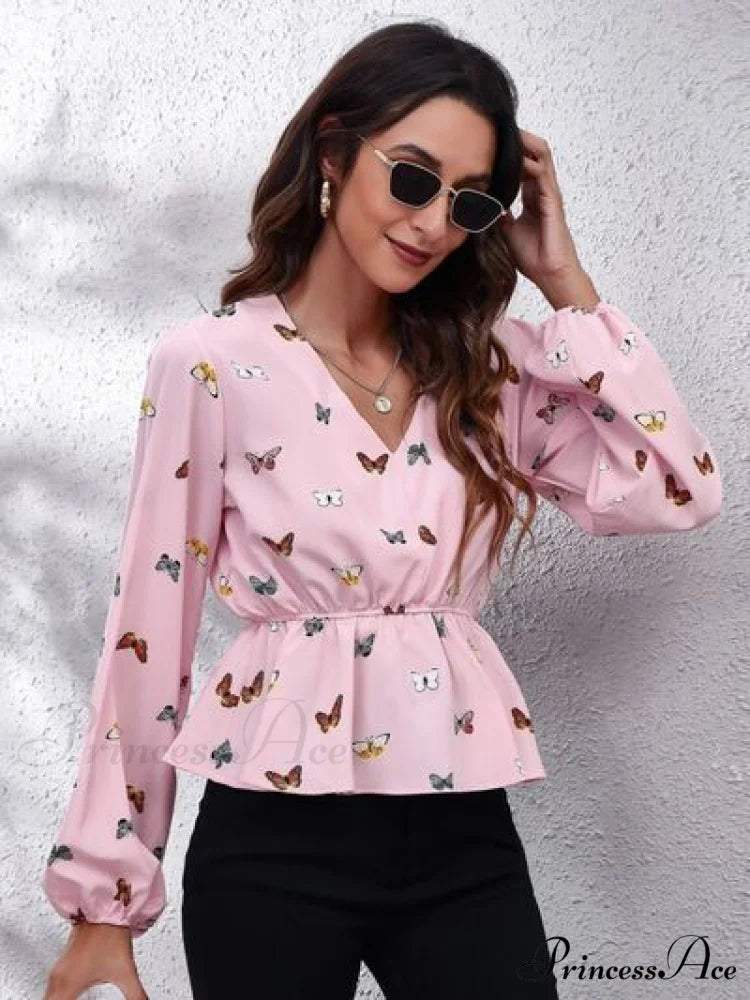 V-Neck Blouse Peplum with Balloon Butterfly Sleeves