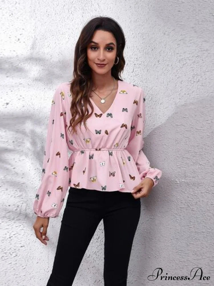 V-Neck Blouse Peplum with Balloon Butterfly Sleeves Blush Pink / S