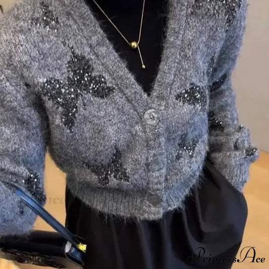 V-neck Butterfly Glitter Knit Cardigan Gray / S