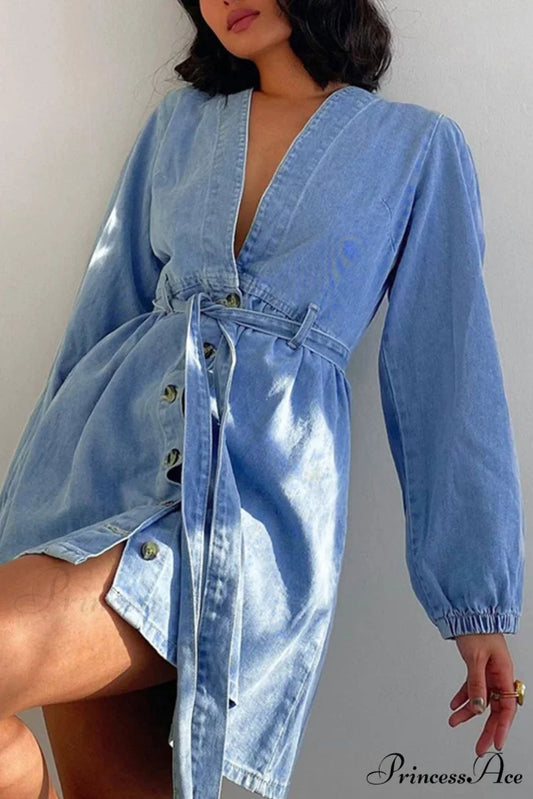 V Neck Button Front Lace Up Denim Dress Blue / S
