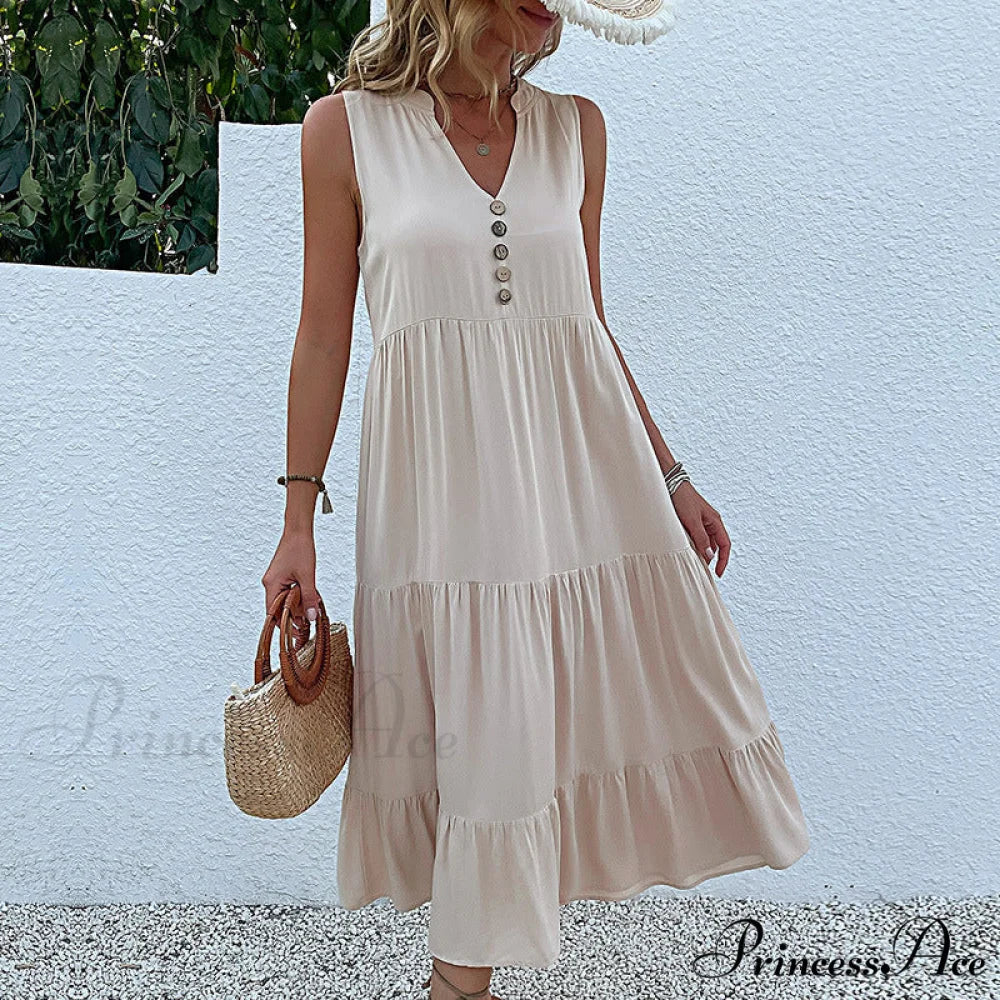 V Neck Button Layered Hem Smock Dress M / Blue