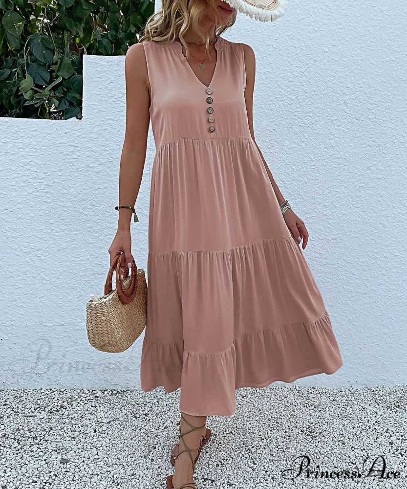 V Neck Button Layered Hem Smock Dress M / Green