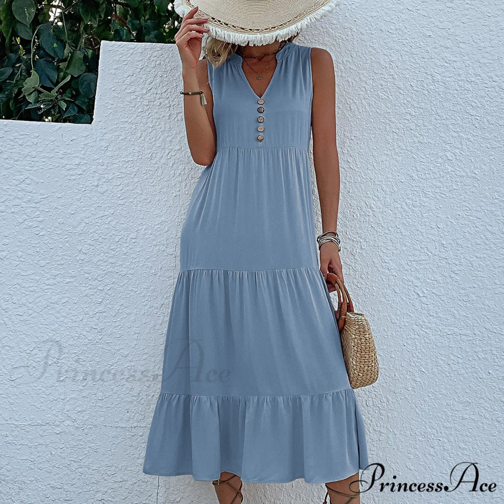 V Neck Button Layered Hem Smock Dress S / Black