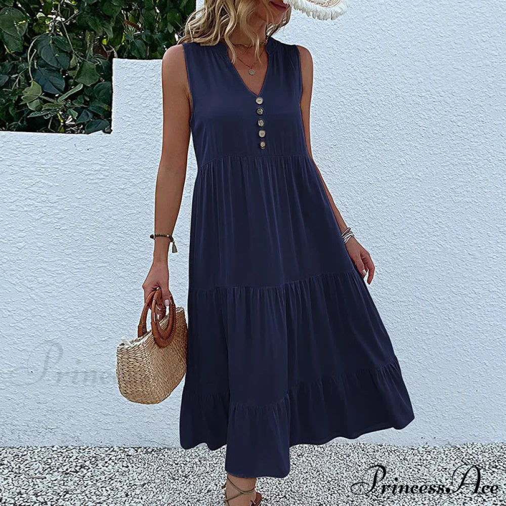 V Neck Button Layered Hem Smock Dress S / Blue