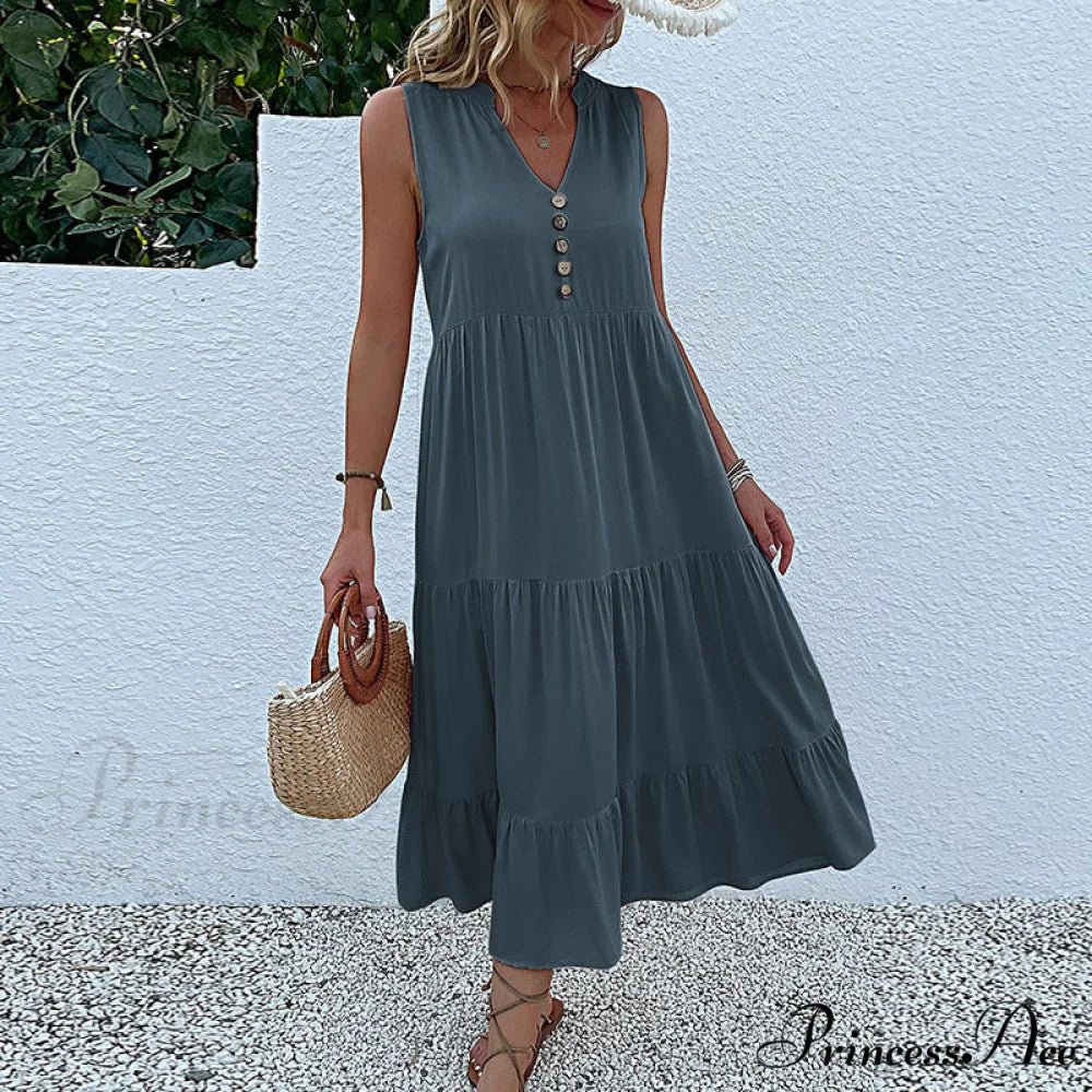 V Neck Button Layered Hem Smock Dress S / Burgundy