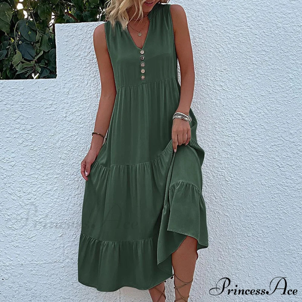 V Neck Button Layered Hem Smock Dress S / Dark Gray