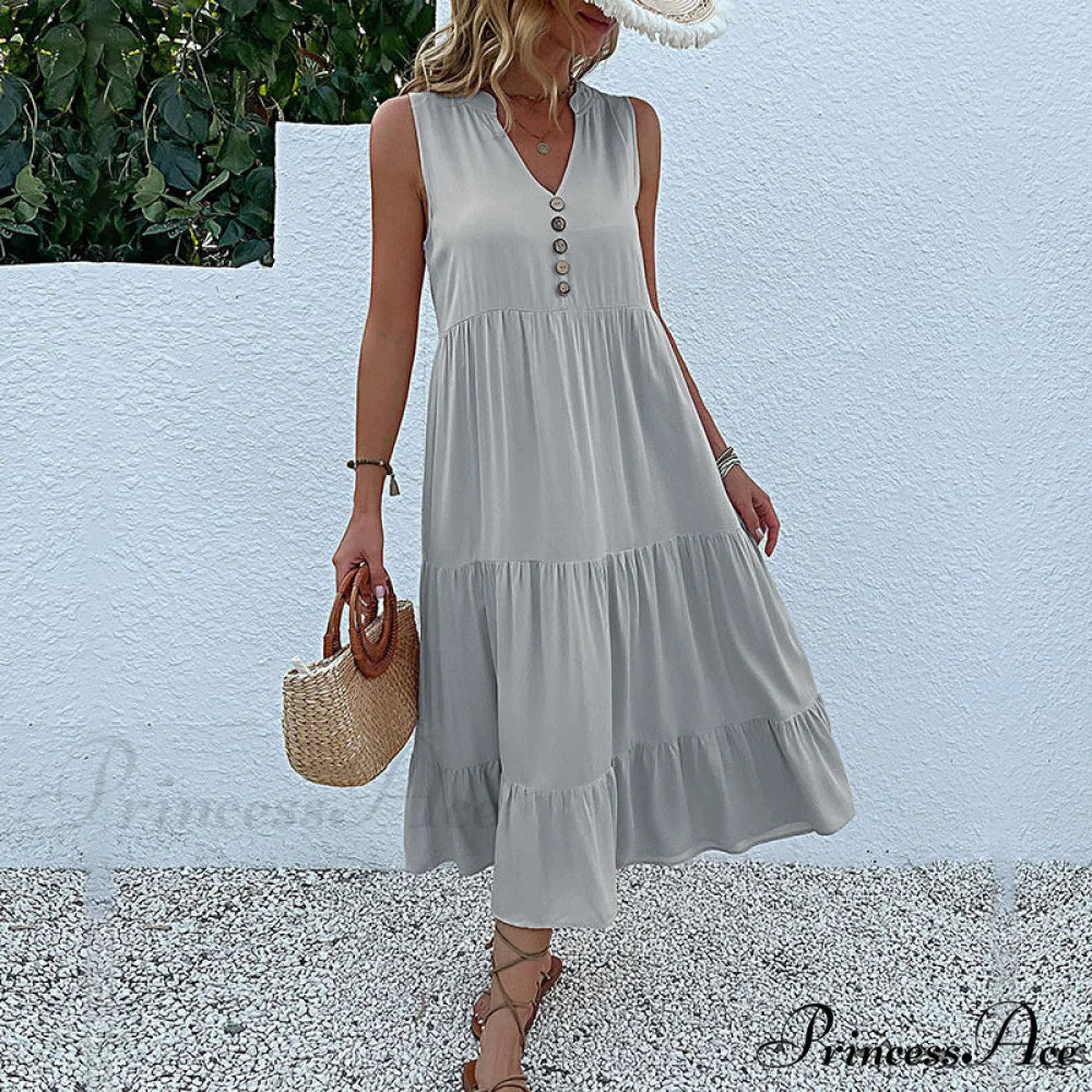 V Neck Button Layered Hem Smock Dress S / Pink