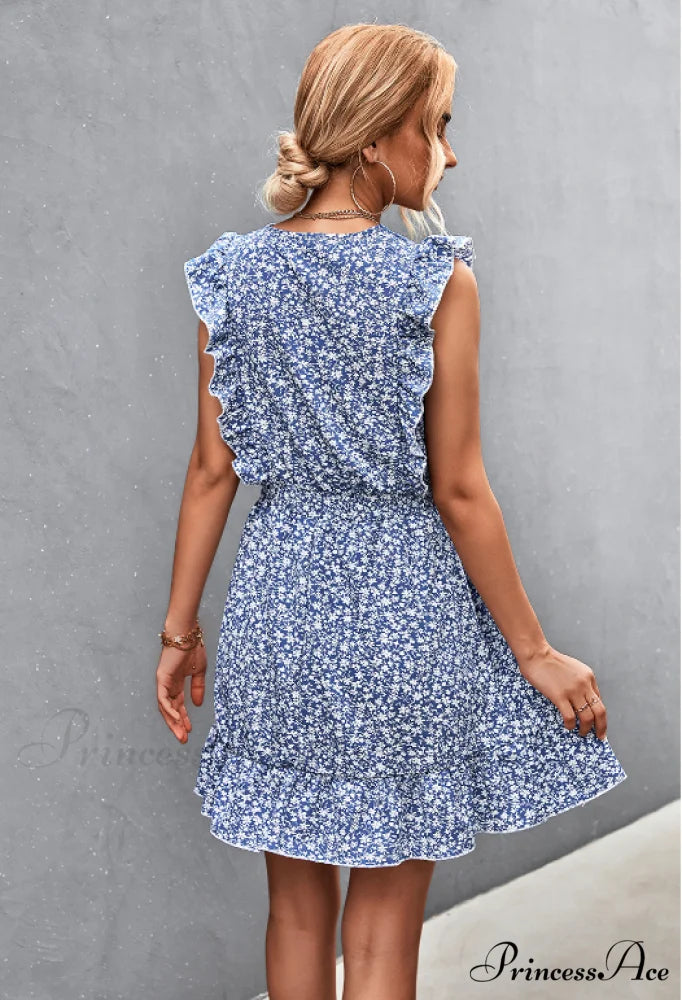 V-Neck Button Lotus Leaf Sleeve Waist Dress