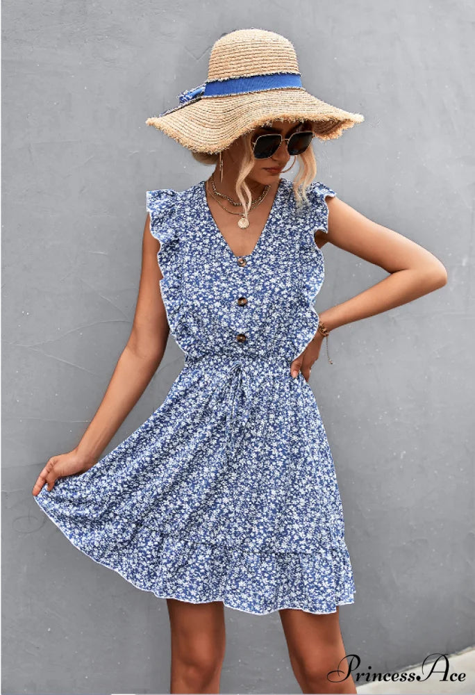 V-Neck Button Lotus Leaf Sleeve Waist Dress L / dark blue