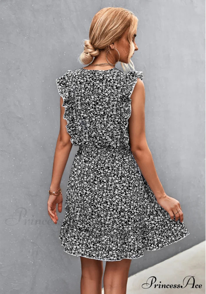 V-Neck Button Lotus Leaf Sleeve Waist Dress M / dark blue