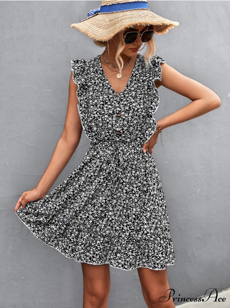 V-Neck Button Lotus Leaf Sleeve Waist Dress S / black