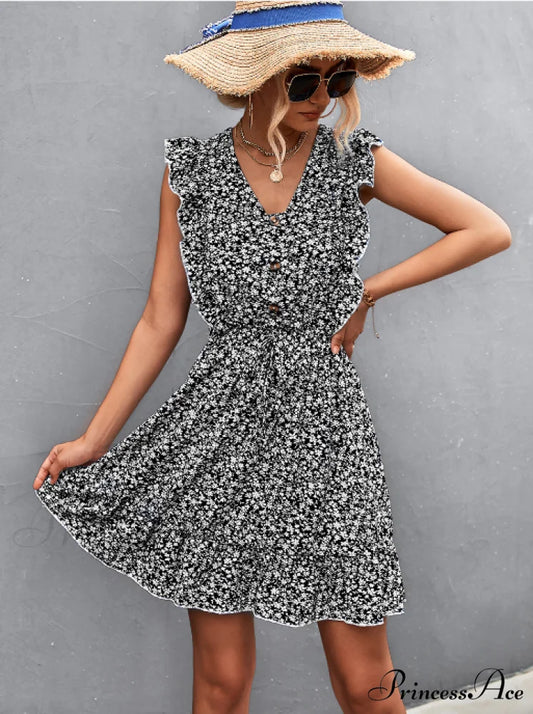V-Neck Button Lotus Leaf Sleeve Waist Dress S / black