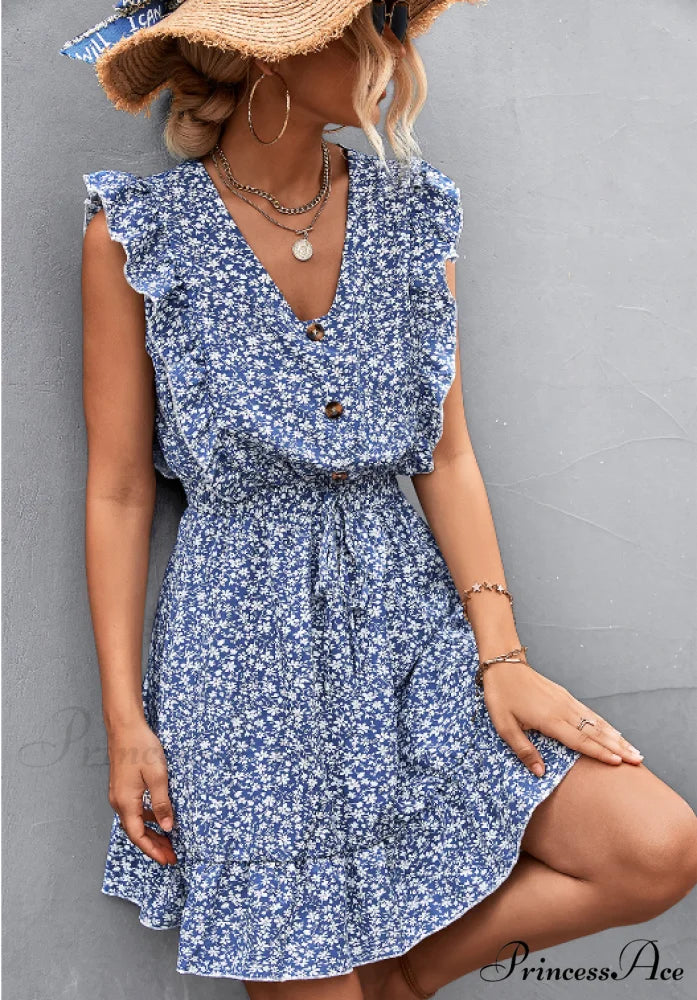 V-Neck Button Lotus Leaf Sleeve Waist Dress XL / dark blue