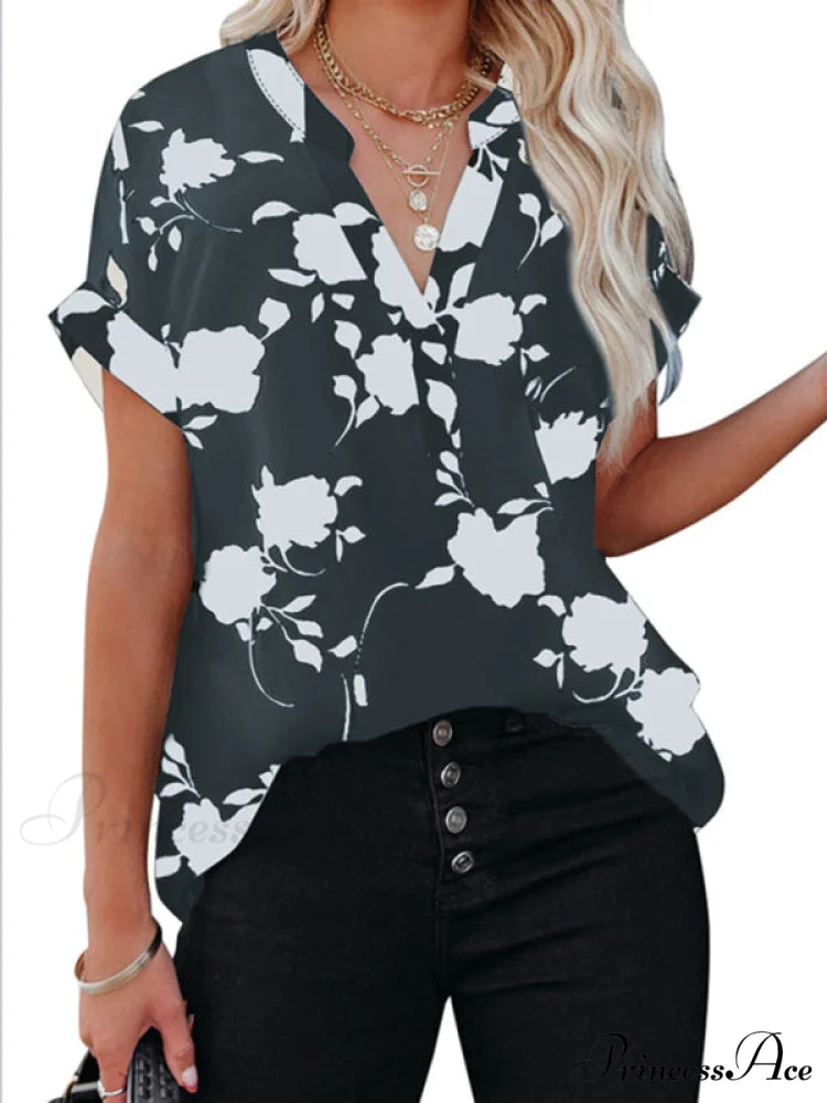 V-Neck Casual Design for Blouse Arm Brief Flowered Women Black / S